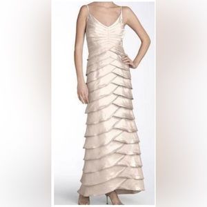 NEW! Adrianna Papell Shutter Pleat Satin Gown Maxi Dress Shimmer Gold SZ 8